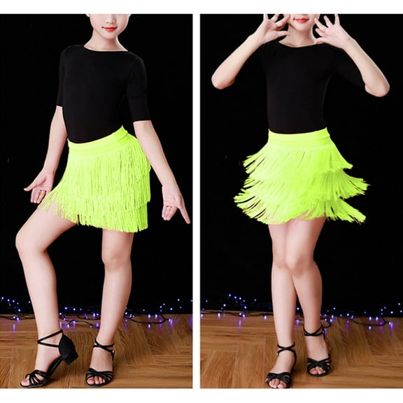 ZHUASHUM Kid Dresses For Girls Kids Tassel Dance Skirt Latin Ballroom Layered Fringe Dancewear 3-4 Years Green
