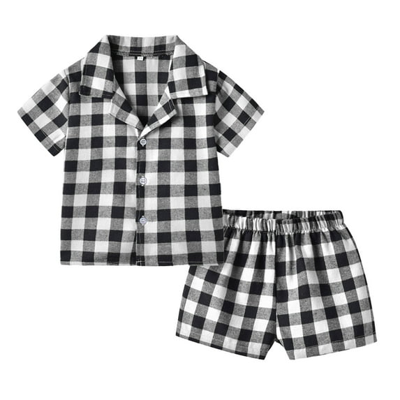 ZHUASHUM Kid Pajamas For Boys Girls Toddler Spring Summer Plaid Cotton Short Sleeve Solid Color Sleepwear Pajamas Clothes Black,Size:0-6 Months
