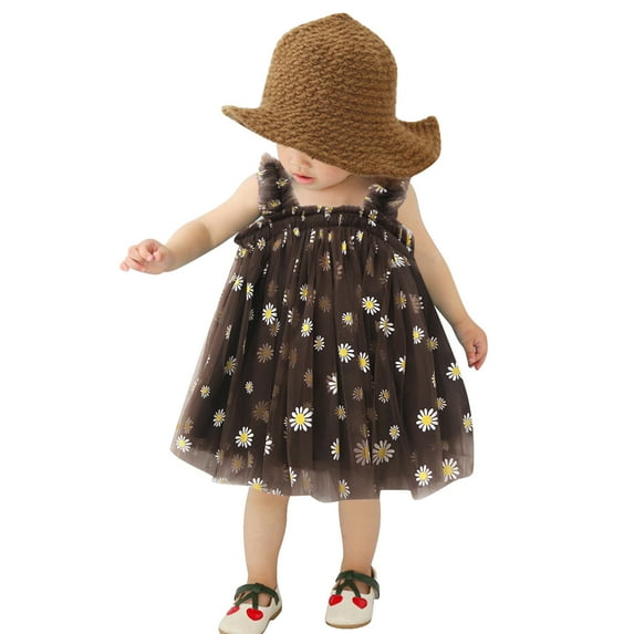 ZHUASHUM Kids Baby Girls Layered Sleeveless Tulle Tutu Dress For Toddler Princess Suspenders Daisy Floral Summer Beach Dress Casual Clothes,6-12 Months