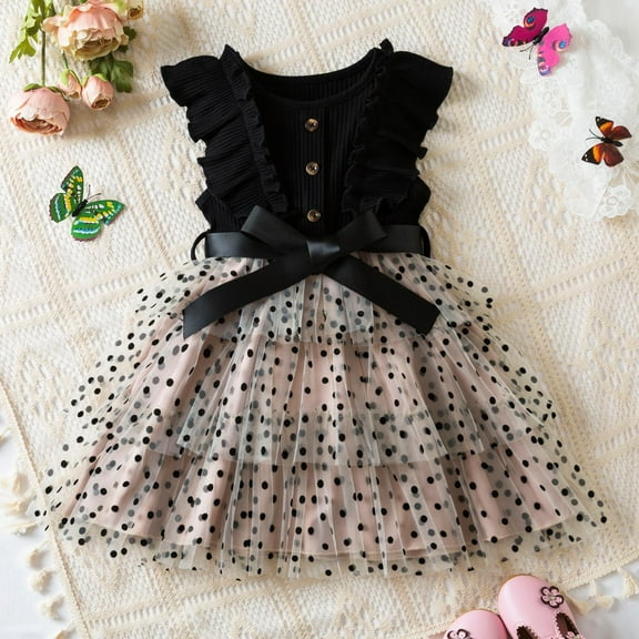ZHUASHUM Kids Children Girls Summer Sleeveless Dot Print Dress With Belt Princess Casual Dress For Girls Black,3-4 Years