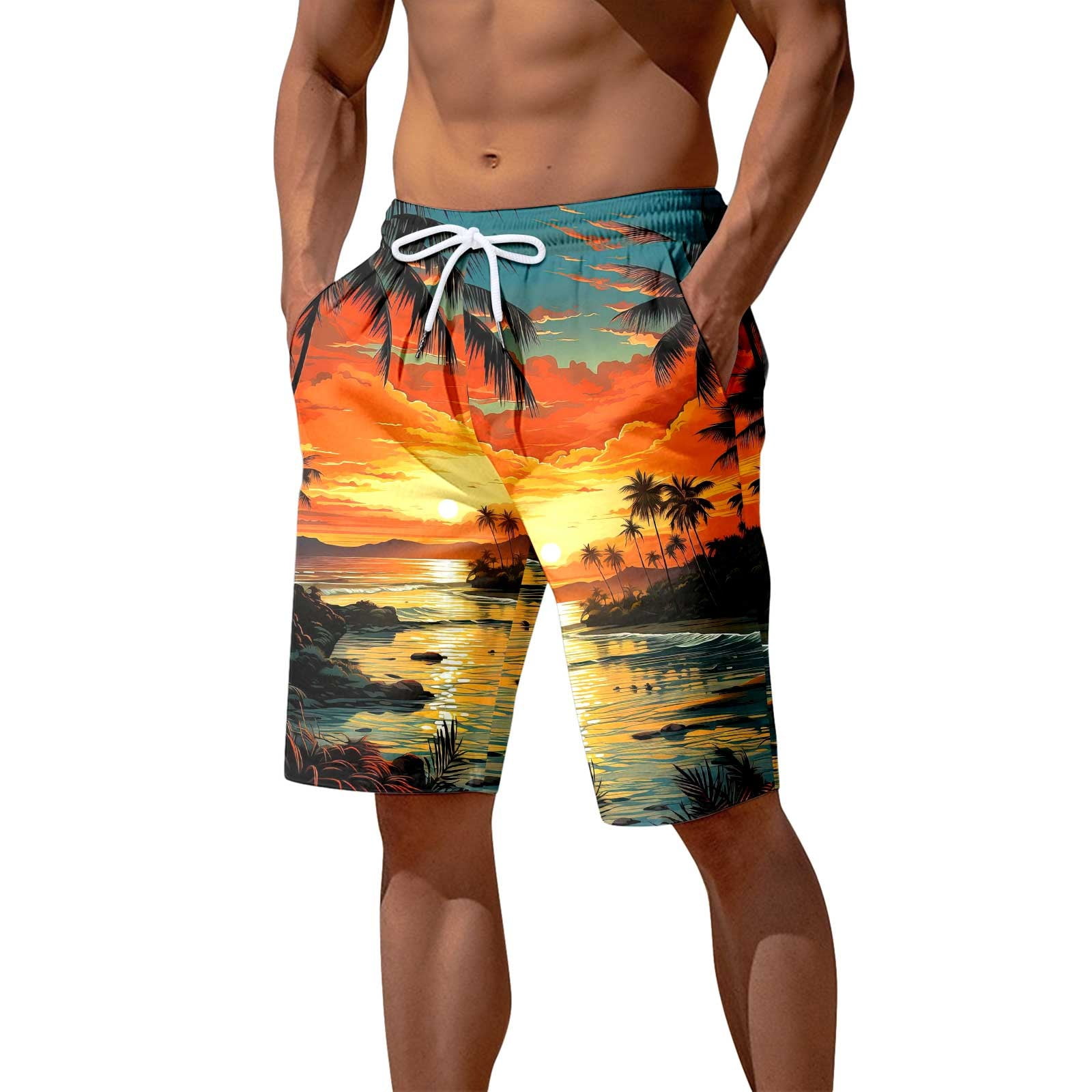 ZHUASHUM Men Swimming Shorts Beach Seaside Coconut Tree Sunset Printed ...