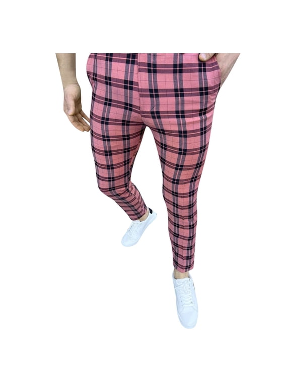 Mens Golf Pants Relax Fit Slim Leg Casual Plaid Printed Pocket Zipper Button Feet Trousers Hot Pink M