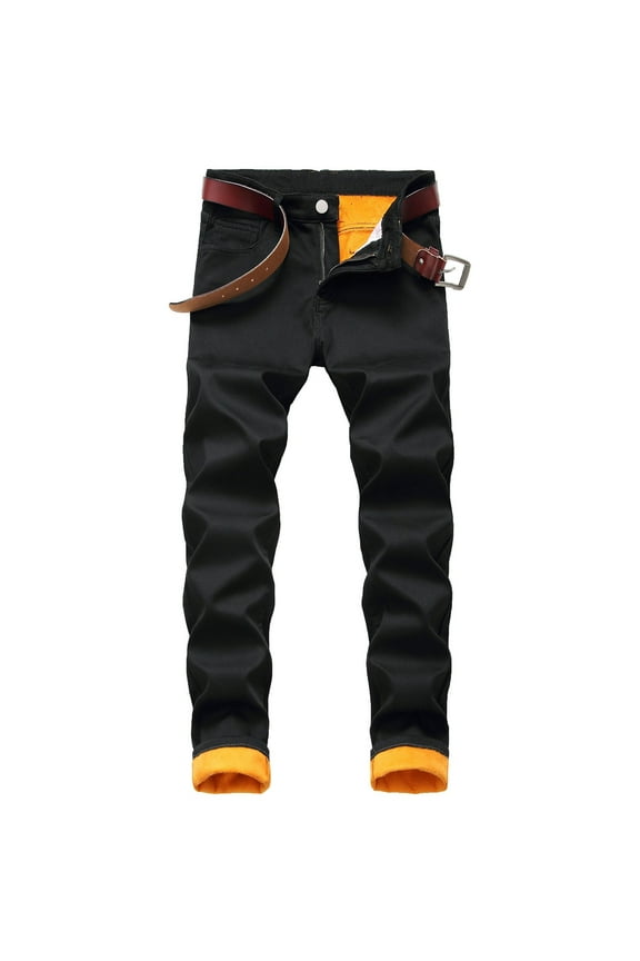 Mens Jeans Plus Velvet Composite Warm Jeans Straight Slim Padded Denim Trousers,28 Black
