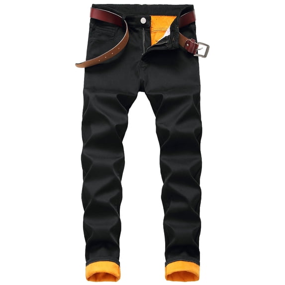 ZHUASHUM Mens Pants Plus Velvet Composite Warm Jeans Straight Slim Padded Denim Trousers,30 Black