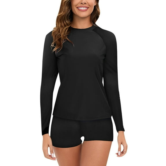 ZHUASHUM Modest Swimsuits For Women Swimwears Tankinis Set Two Piece Long Sleeve Swimsuits Swim Shirt Bathing Suit With Bottom S-2XL Black
