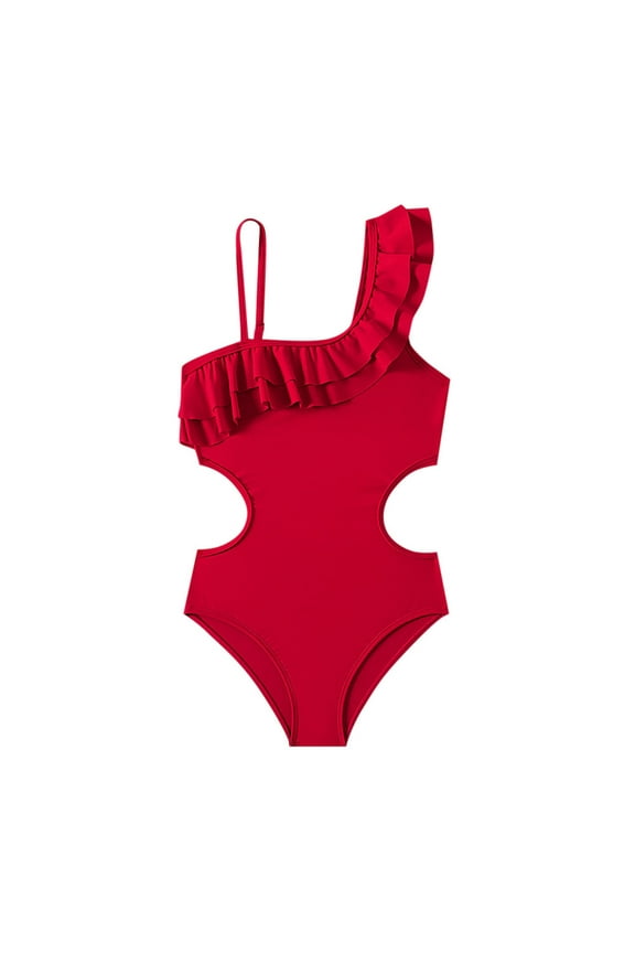 One Shoulder Ruffle Swimwear Nylon, One-Piece Swimsuit (GIrl's), Size 9-10