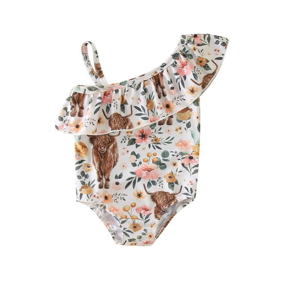 ZHUASHUM Onesie Swimsuit Bikini For Toddler Girls Summer Ruffles 1 Piece Swimwear Cartoon Cow Prints Beach Wearyellow,Size6-12 Months