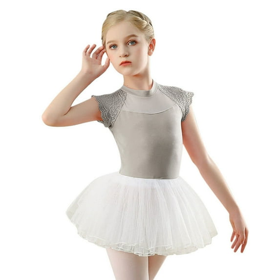ZHUASHUM Outfits For Girls Kid Ballet Dance Dress Lace Short Sleeve Leotards With Removable Tutu Skirt Girl Clothes Set Grey 12-14 Years