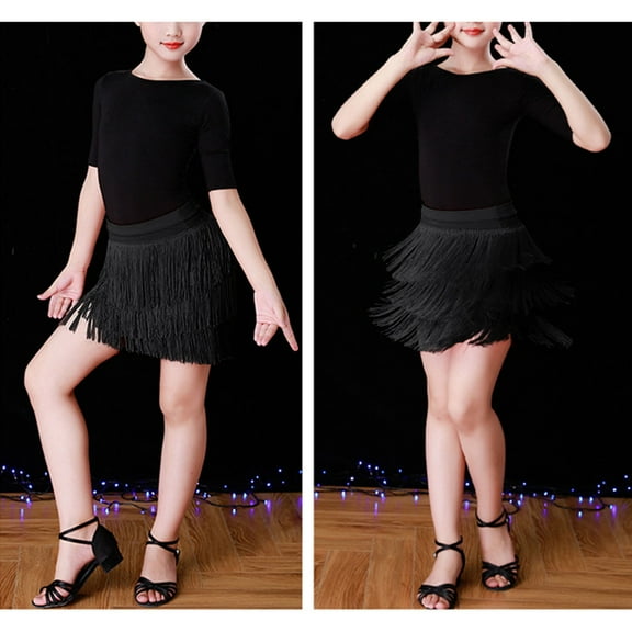 ZHUASHUM Outfits For Girls Kids Tassel Dance Skirt Latin Ballroom Layered Fringe Dancewear 3-4 Years Black