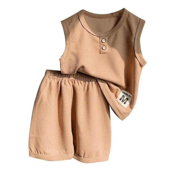 ZHUASHUM Outfits For Girls Solid Color Round Neck Sleeveless Tank Top Casual Shorts Girl Clothes Set Khaki 6-12 Months