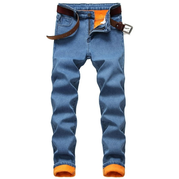 ZHUASHUM Pant For Men Plus Velvet Composite Warm Jeans Straight Slim Padded Denim Trousers,34 Blue