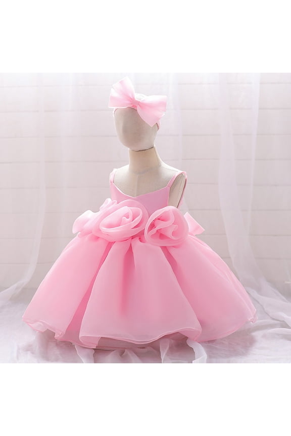 Party Girls Princess Dress Sleeveless Solid Color Flower Birthday Party Dress With Headband Pink,6-12 Months