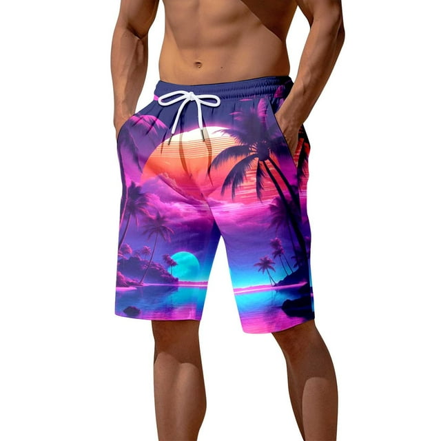 ZHUASHUM Shorts For Mens Beach Seaside Coconut Tree Sunset Printed