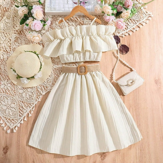 ZHUASHUM Summer Outfits For Girls 9-10 Years Child Winter Sleeveless Solid Color Ruffles Tops Skirt With Belt 3Pcs Outfits Clothes Set Beige