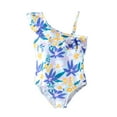 thumbnail image 1 of ZHUASHUM Summer Solid Color Sleeveless Toddler Girls Ruffles 1 Piece Swimwear Floral Prints Beach Onesie Swimsuit Bikiniblue,Size5-6 Years, 1 of 6