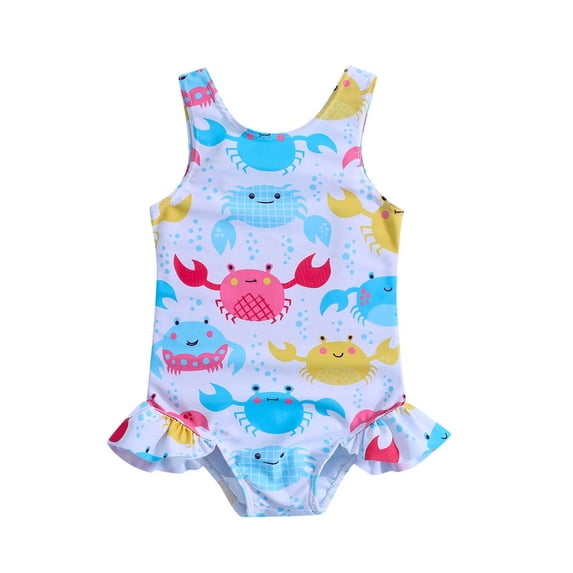 ZHUASHUM Summer Toddler Girls Ruffles Cartoon Prints 1 Piece Swimwear Beach Onesie Swimsuit Bikini White,Size:2-3 Years