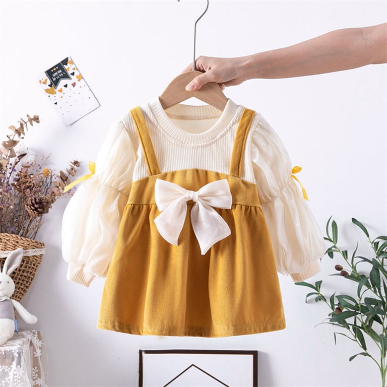 yellow toddler dress long sleeve ZHUASHUM Toddler Baby Girls Dress Long Sleeve Princess Dresses With Bow  Yellow,12-18 Months