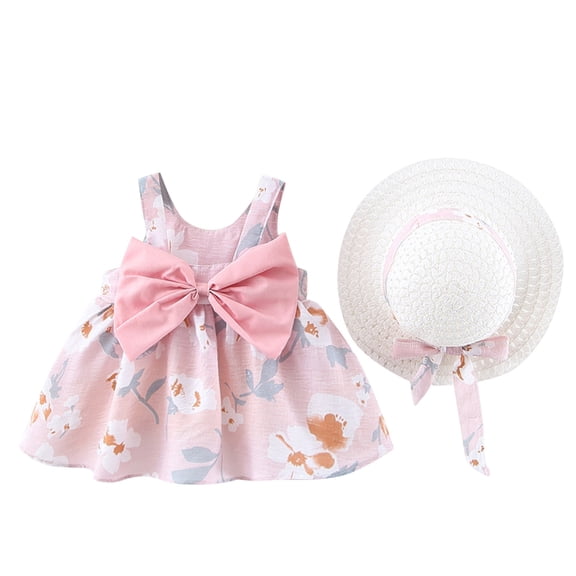 ZHUASHUM Toddler Baby Girls Summer Princess Dresses Vacation Beach Sleeveless Hat Set Ruffles Bow Floral Dress 0-3Y 6-12 Months