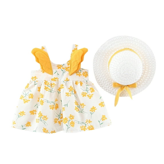 ZHUASHUM Toddler Baby Girls Summer Princess Dresses Vacation Beach Sleeveless Hat Set Ruffles Floral Dress 0-3Y,12-18 Months