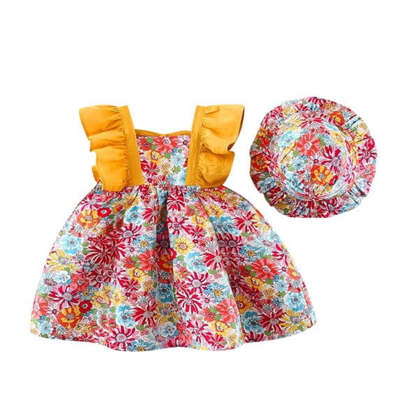 ZHUASHUM Toddler Baby Girls Summer Princess Dresses Vacation Sleeveless Hat Set Ruffles Floral Dress Red 2-3 Years