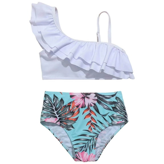 ZHUASHUM Toddler Girl 2 Piece Swimsuit Sport Flower Floral Prints High Waist Bikini Set Swimwear Beach Bathing Suitwhite,Size8-9 Years