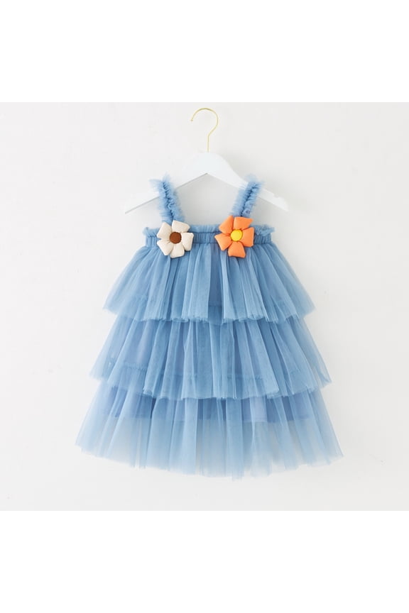 Toddler Girls Sleeveless Floral Tulle Holiday Party Wear Tiered Dress Dance Party Princess Dresses Clothes Blue,5-6 Years