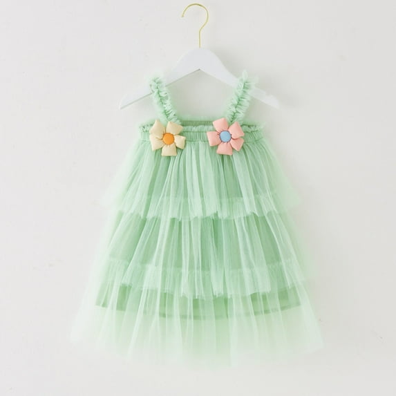 ZHUASHUM Toddler Girls Sleeveless Floral Tulle Holiday Party Wear Tiered Dress Dance Party Princess Dresses Clothes Green,4-5 Years