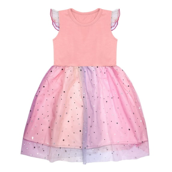 ZHUASHUM Toddler Kids Baby Girls Dress Short Sleeve Rainbow Tulle Dress Birthday Party Princess Dresses Tutu Skirt Pink 4-5 Years