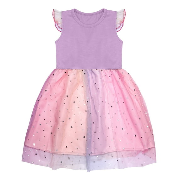 ZHUASHUM Toddler Kids Baby Girls Dress Short Sleeve Rainbow Tulle Dress Birthday Party Princess Dresses Tutu Skirt 4-5 Years
