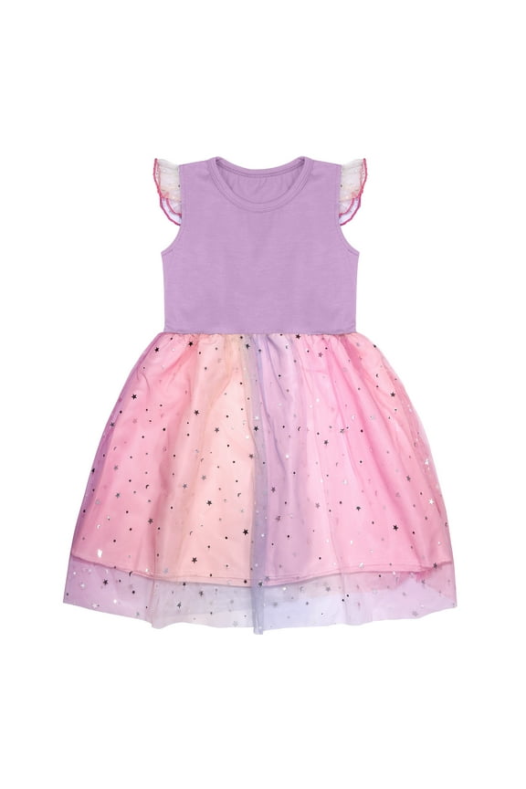 Toddler Kids Baby Girls Dress Short Sleeve Rainbow Tulle Dress Birthday Party Princess Dresses Tutu Skirt 5-6 Years