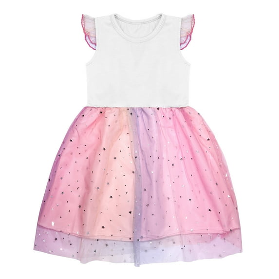 ZHUASHUM Toddler Kids Baby Girls Dress Short Sleeve Rainbow Tulle Dress Birthday Party Princess Dresses Tutu Skirt White 2-3 Years