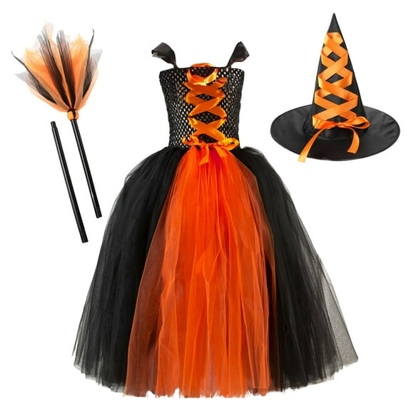 ZHUASHUM Toddler Kids Girl Dress Sleeveless Mesh Tutu Dress Performance Dress With Hat Prop Orange 6-7 Years