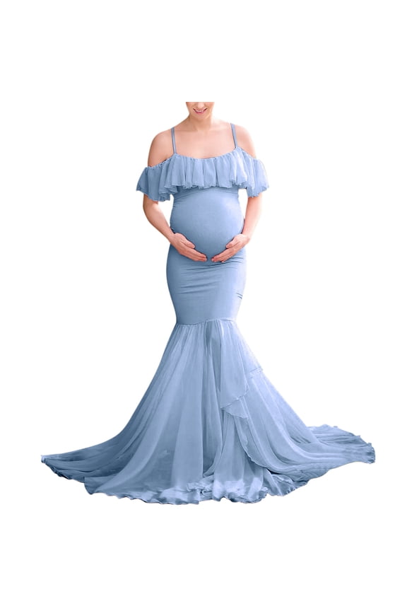 Women Pregnants Maternity Photography Props Short Sleeve Solid Dress Light Blue Xl