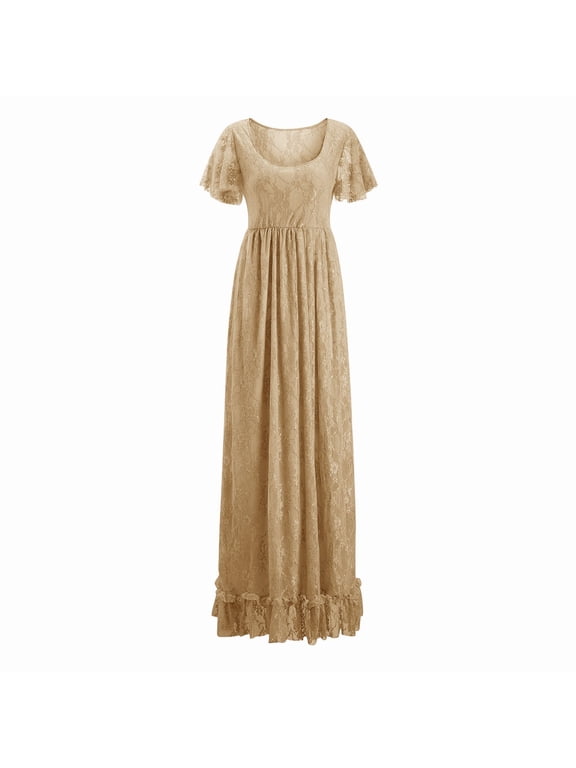Women'S Lace Maternity Ruffles Short Sleeved Dress Long Dress Photography Flying Sleeve Dress Maternity Dress Coffee L