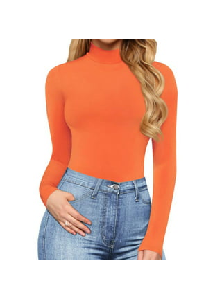 MAWCLOS Women Casual Tights Bodysuit Party Long Sleeve Bodysuits Orange S 