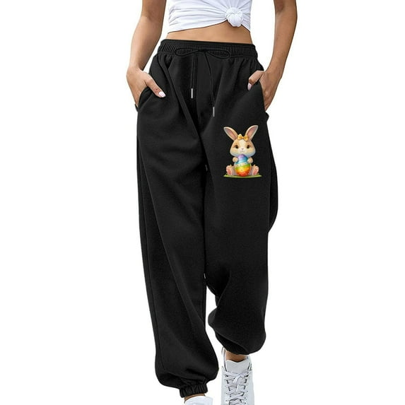 ZHUASHUM Womens Sweatpants Solid Color Easter Cartoon Prints Sweatpants Drawstring Loose Elasticated Waist Casual Pants Camouflage M