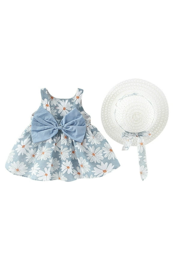 dresses for teens Toddler Baby Kids Girls Floral Flowers Dress Hat Outfits easter clothes Light blue,Size:2-3 Years