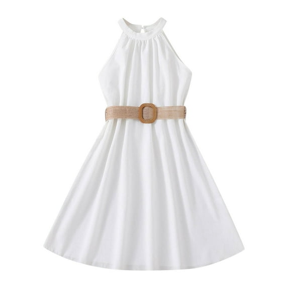 ZHUASHUM flower girl dress Children Dress Solid Color Hanging Neck Waist Collection Dress Dress Fashion Outwear easter dresses White,Size:9-10 Years