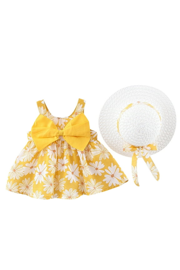 flower girl dress Vacation Girls Bow Set Ruffles Baby Toddler Beach Floral Hat Dresses Summer Sleeveless Dress easter dresses Yellow,Size:18-24 Months