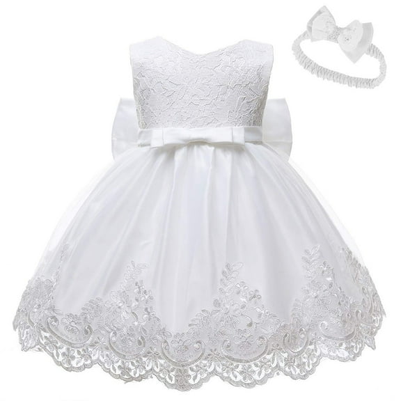 ZHUASHUM flower girl dresses for wedding Clothes Baby Formal Tutu Set Dress Headband Bowknot Girls Wedding Lace Skirt baby easter clothes for girls White,Size:0-3 Months