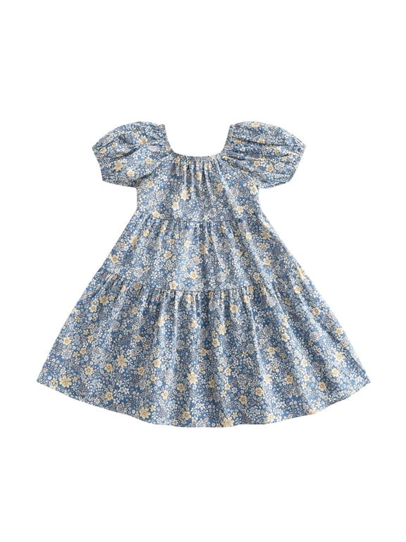 flower girl dresses for wedding Party Ruffled Casual Toddler Sleeves Clothes Floral Puff Bow Dress Baby Kids Summer Girls Girls Dresses easter clothes Dark Blue,Size:3-4 Years