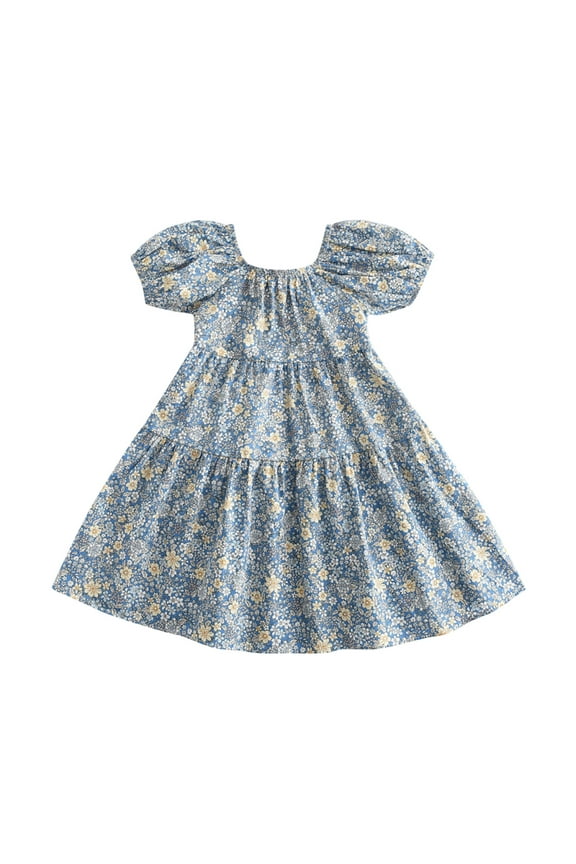 flower girl dresses for wedding Party Ruffled Casual Toddler Sleeves Clothes Floral Puff Bow Dress Baby Kids Summer Girls Girls Dresses easter clothes Dark Blue,Size:2-3 Years