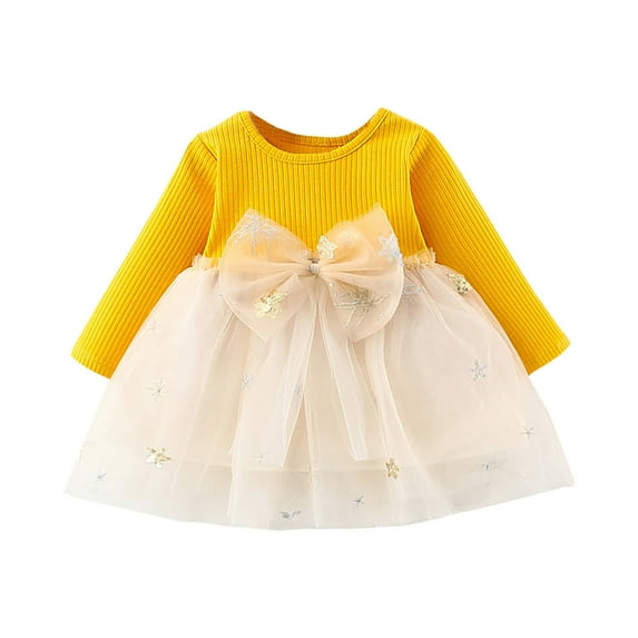 ZHUASHUM flower girl dresses for wedding Toddler Tulle Clothes Baby Kids Patchwork Bowknot Dress Knit Girls Skirt teen dresses Yellow,Size:18-24 Months