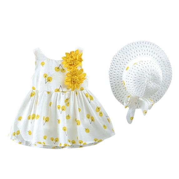 Zhuashum girls dresses Kid Outfits Toddler Cherry Printed Set Clothes Baby Dress+Hat Skirt baby easter clothes for girls Yellow,Size:6-12 Months