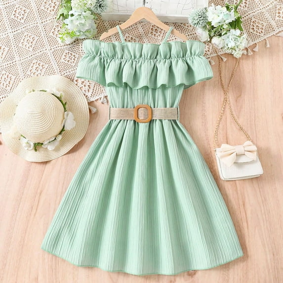 Zhuashum Dresses For Girls 10-11 Years Leisure Dress Summer Round Neck Solid Color Sundress Sleeveless Fashion Playsuit Green