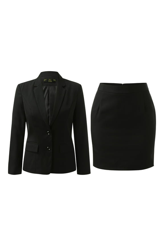 pleated Skirts for women 2 Piece Suit Lady 2 Button Business Work Office Slim Fit Jacket Skirt Suit Set Black 2XL