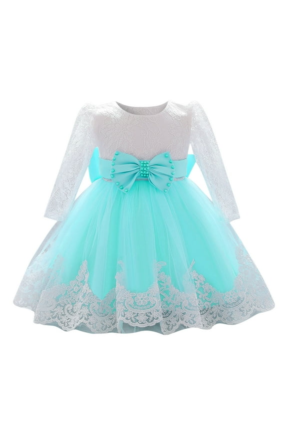 princess dress up for girls Baby Girls Ruffle Long Sleeve Lace Bowknot Flower Dresses Pageant Party Wedding Dress easter clothes Green,Size:12-18 Months