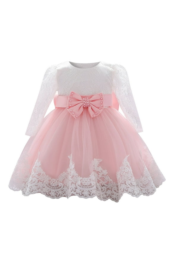 princess dress up for girls Baby Girls Ruffle Long Sleeve Lace Bowknot Flower Dresses Pageant Party Wedding Dress easter clothes Pink,Size:6-12 Months