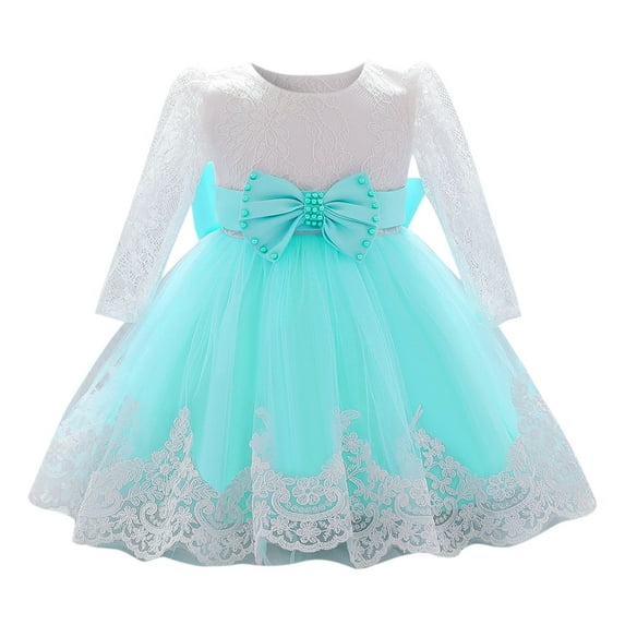 ZHUASHUM princess dress up for girls Infant Baby Girls Ruffle Long Sleeve Lace Bowknot Flower Dresses Pageant Party Wedding Dress easter clothes Green,Size:6-12 Months