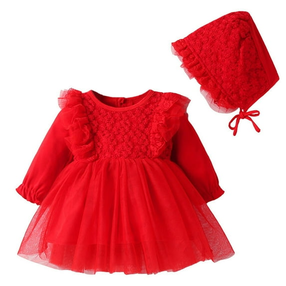 ZHUASHUM princess dresses for girls Kids Toddler Girls Solid Spring Winter Lace Long Sleeve Tulle Dress easter clothes Red,Size:0-3 Months